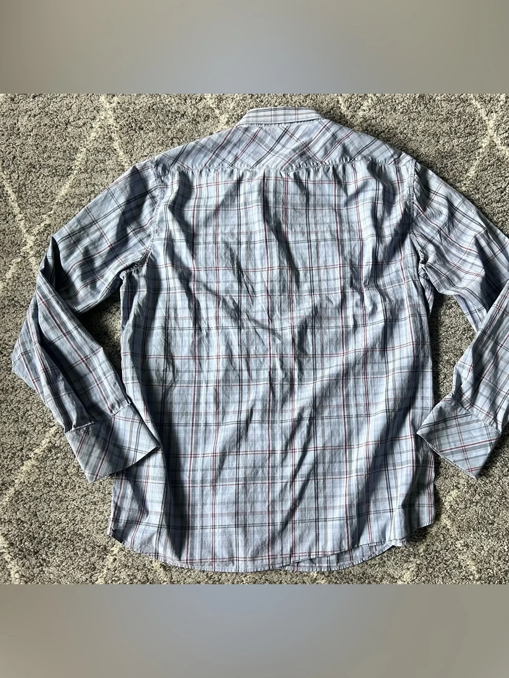 Banana Republic Men's Shirt Light Blue and Red Plaid Pearl Snap Preppy Western